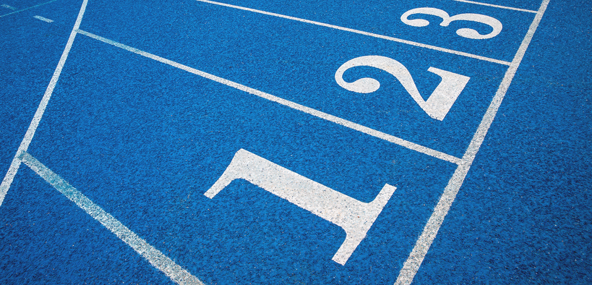 A blue collegiate track with number labels